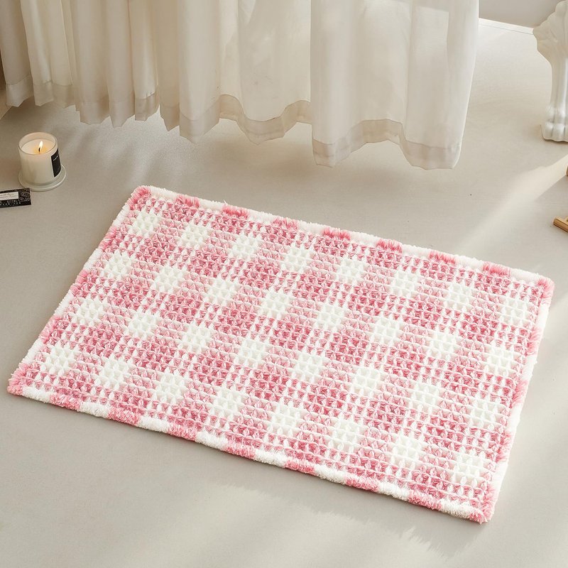 TYUU Waffle Bath Mat, Boho Bathroom Rugs Non Slip Washable Absorbent Checkered Bathroom Mat Quick Dry Cute Bath Mat, 30"x20" Pink and White