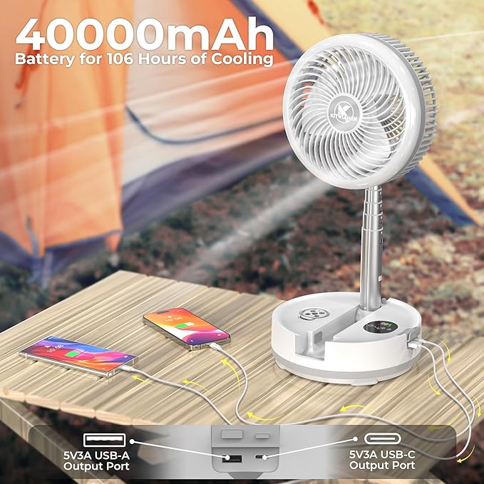 40000mAh Portable Travel Fan, Rechargeable Collapsible Fan, 106H Run, 8 Speeds Standing Oscillating Fan, Battery Powered with Timer & Light for Travel Cruise Essentials RV Outdoor Bedroom Power Outage