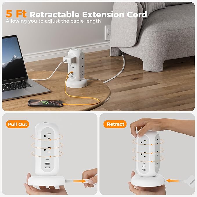TESSAN Tower Power Strip Flat Plug with 11 Outlets 3 USB (1 USB C), Surge Protector Tower 1625W/13A,1050J Protection, 5 Ft Retractable Extension Cord with Multiple Outlets, Office Desk Supplies, Grey