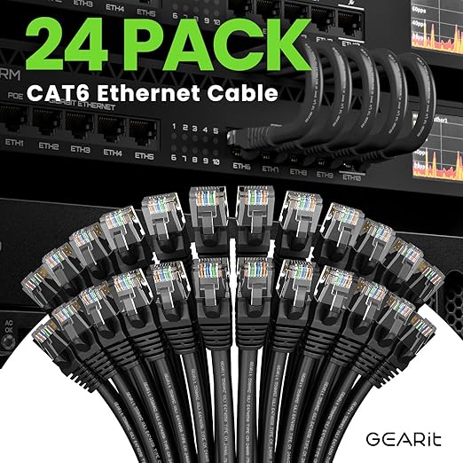 GEARit Cat 6 Ethernet Patch Cables 2 ft Black (Cat 6 Ethernet Cables 2 ft 24-Pack), CAT6 High Speed 24AWG 10Gbps RJ45 Snagless Gold-Plated, Ethernet Cable for Router, Switch, PC, PS5 Gaming, Server