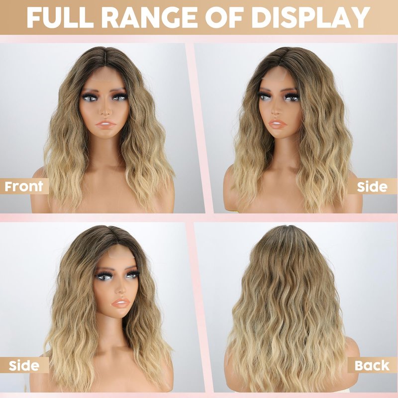 MISSQUEEN Medium Length Ombre Blonde Wavy Wig Short Curly Blond Wig for Women Synthetic Middle Part Heat Resistant Fiber Blonde Hair Wigs for Everyday Hairstyle Party Use