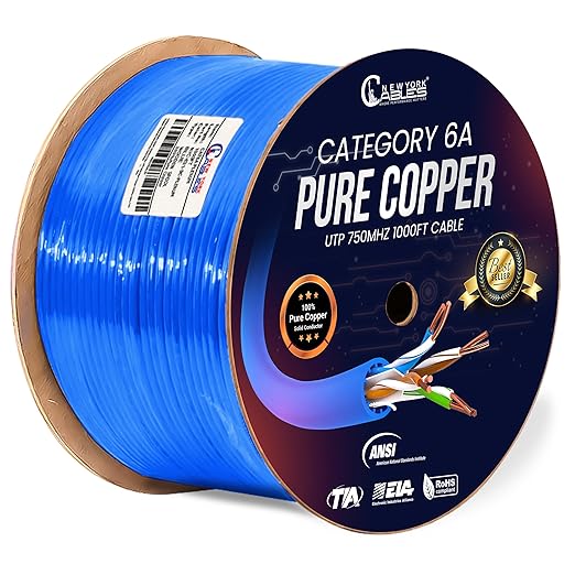 Newyork Cables | Cat6a Plenum Ethernet Cable 1000ft Certified 100% Solid Pure Copper 23 AWG, 10Gbps, 750MHz, PoE++ (4PPoE, up to 90 W) | High-Performance Cat 6a Cable for High Speed Networking