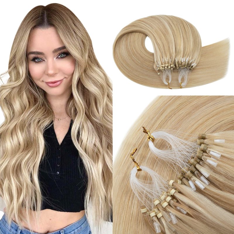 TESSHAIR Micro Loop Hair Extensions, 100% Remy Human Hair, Microlink Extensions, No Tangle & Smooth, 50 Strands 50g, 14 Inch #Bleach Blonde