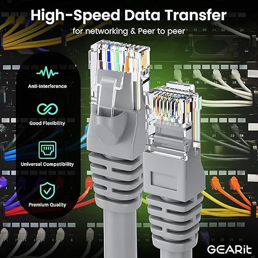 GEARit Cat 6 Patch Cables 5 ft Gray (5 Pack) Cat6 Patch Cables 5ft Gray/Ethernet Patch Cable, 10Gbps 550MHz 24AWG Pure Copper, Snagless, Gold Plated RJ45 for Router, Server, Router, PC