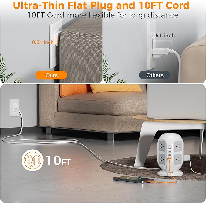 TESSAN Tower Power Strip 10 ft, Long Flat Extension Cord with Multiple Outlets, 8 AC Outlets with 4 USB Ports (1 USB C), Charging Station with, for Home Office Dorm