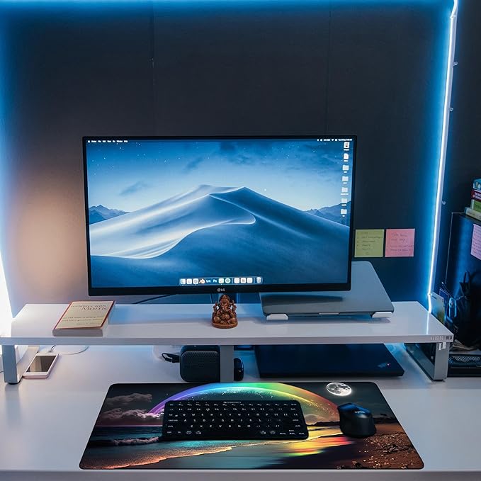 KOAIWPAE Desk Mat, Rainbow and Full Moon Desk Pad, Beach at Night Large Gaming Mouse Pad for Desk, 31.5"x15.7" Extended Big Computer Keyboard Mouse Pad with Non-Slip Base and Stitched Edge