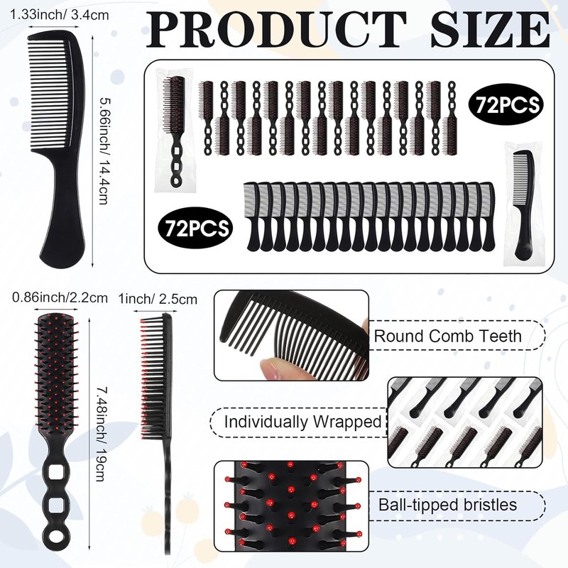Hair Brush and Comb Set - 144 Pack Individually Wrapped Detangling Brushes for Curly Hair | Ideal for Shelters, Nursing Homes, and Charities - Black