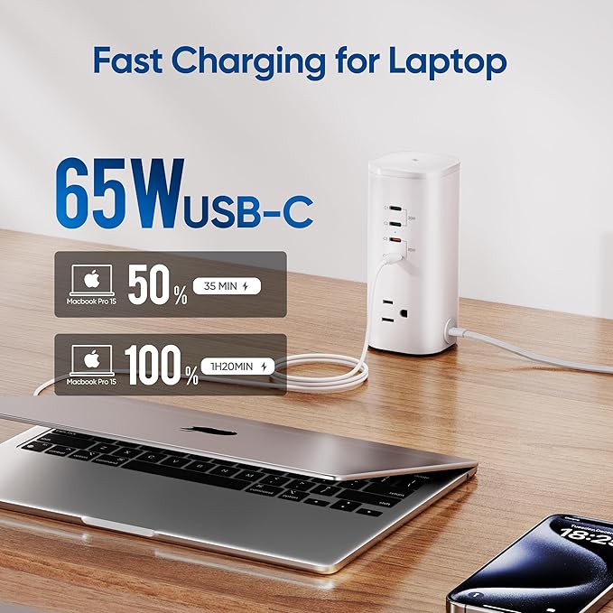 115W Fast Charging Station, TenTrend Power Strip Tower Surge Protector, 5FT Extension Cord with 3AC Outlets & 8 USB Ports(4 USB-C), Flat Plug Charging Tower for Home, Office Supplies, Dorm Room