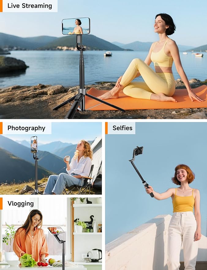 70" Magnetic Phone Tripod, Selfie Stick Tripod for iPhone MagSafe & Camera with Rechargeable Remote & 2 in 1 Magnetic Holder, 360° Rotatable Portable Cell Phone Stand for Travel Vlog Video Recording