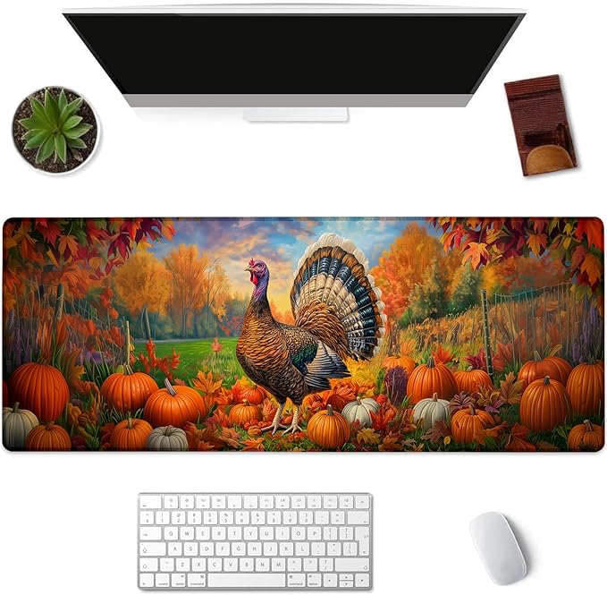 Kibue Autumn Turkey Gaming Mouse Pad, Pumpkin and Fall Leaf Mousepads for Gaming Home Office Work, Extended Mats Computer Keyboard Laptop, 31.5×11.8 Inch Large Desk Mat with Non-Slip Rubber Base