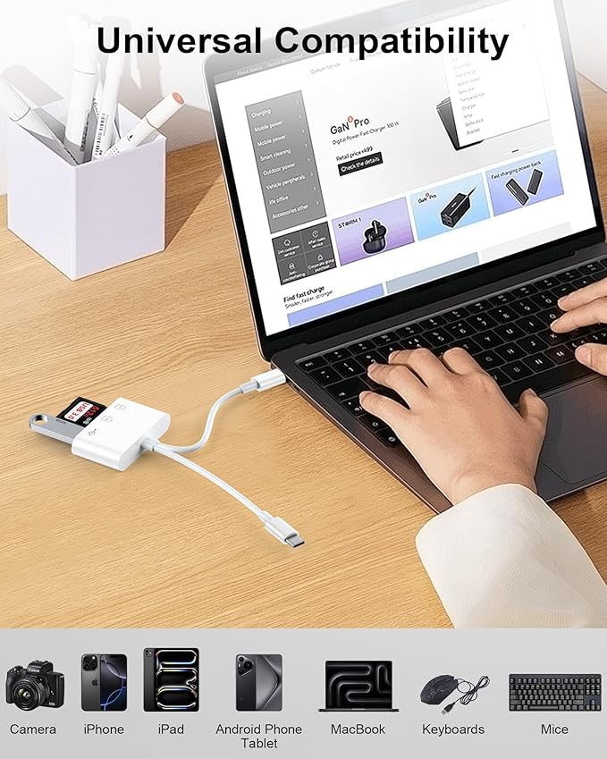 SD Card Reader for iPhone17/iPad/Mac, USB C and Lightning Dual Port Memory Card Adapter, 3-IN-1 Camera SD Card Viewer Support SD, Micro SD, USB 3.0 Slot, Digital Camera Adapter for Samsung and Android