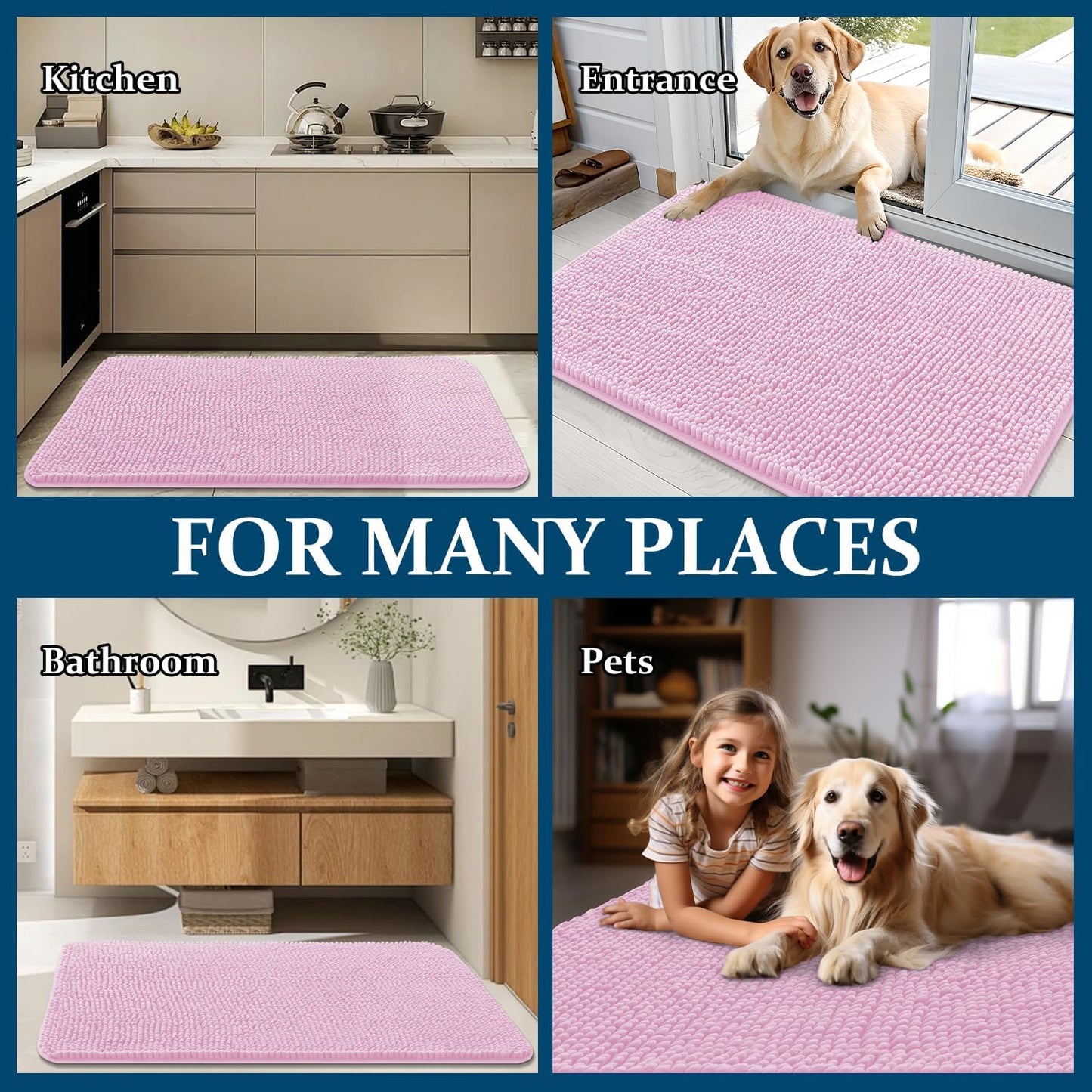 OLANLY Dog Door Mat - Absorbent Non-Slip Washable Doormat for Muddy Paws | 54x32 Pink Chenille Carpet