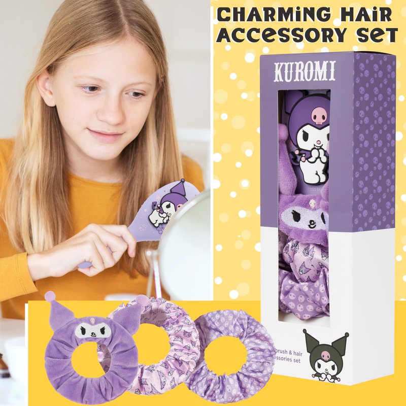 Hello Kitty Sanrio Hair Brush & Scrunchies Set, Kawaii Kuromi, Cinnamoroll Cute Stuff, Detangler Brush, Gifts for Women, Wife, Girlfriend, Girls, Teens (Kuromi Brush & Scrunchies)