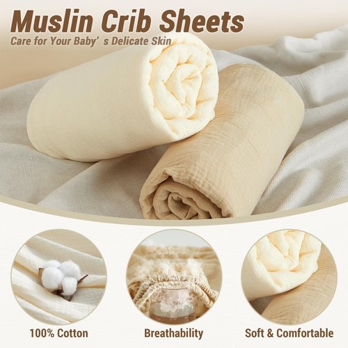 Bailix Heavyweight Muslin Baby Crib Sheets - 2PCS 52"x28" Neutral Fitted Crib Sheets for Boys Girls, Breathable Soft 100% Organic Cotton Standard Baby Mattress Sheet (Cream, Coffee)