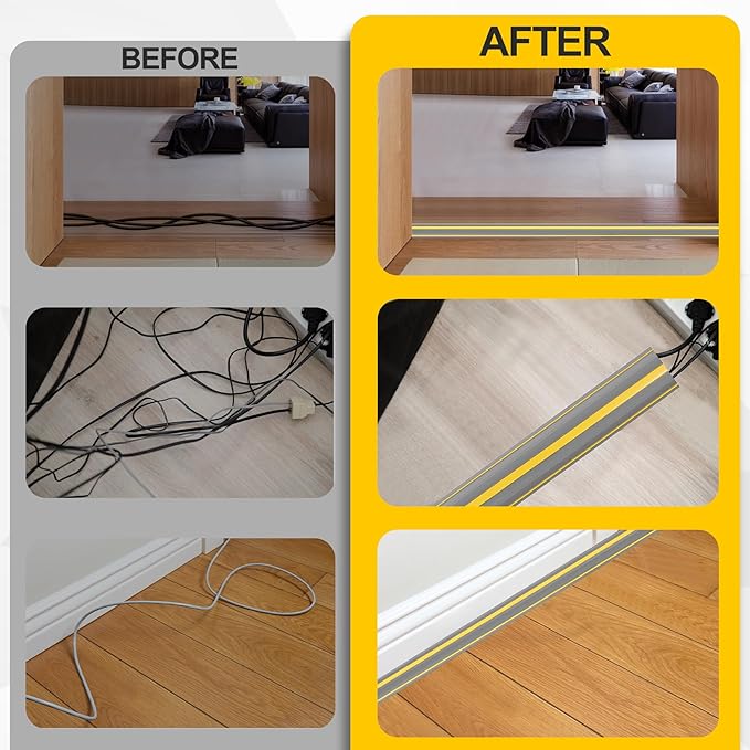 Floor Cord Cover 10Ft Heavy Duty PVC Floor Cable Protector Electric Cord Hider Cable Management Floor Strip Extension Cord Covers Cable Raceway for Wires on Floor Inner Channel 1.36" W x 0.43" H -Gray