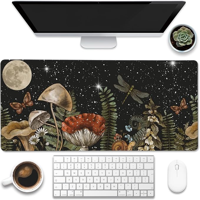 Eflxamz Large Gaming Mouse Pad for Desk,Cute Forest Mushroom Desk Mat,Starry Night Mushroom Desk Pad,Extended Big Computer Keyboard Mouse Pad with Non-Slip Base and Stitched Edge,35.4"x15.7"