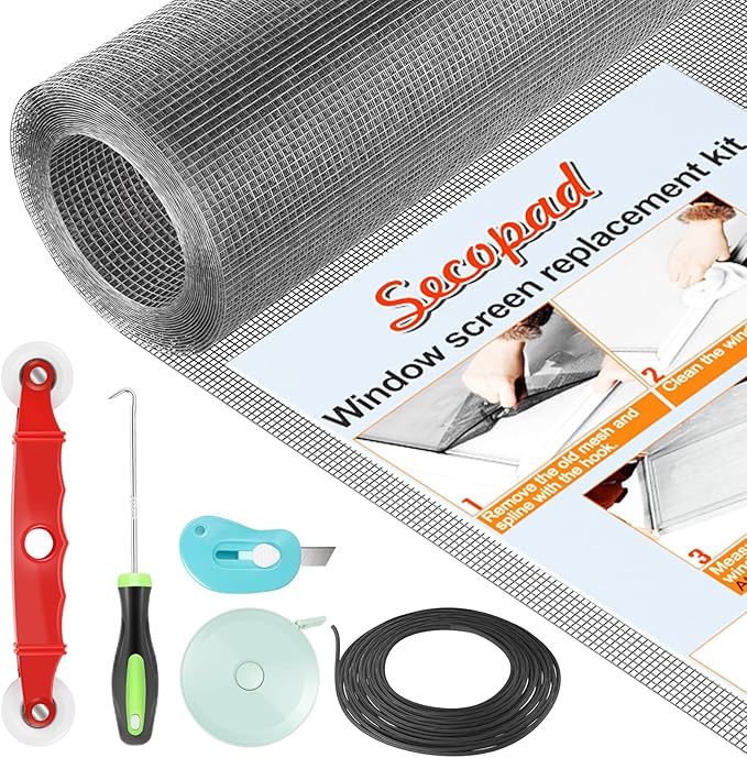 Secopad Window Screen Door Repair Kit, 39" x 78" Screen Door Mesh Replacement Kit, Durable Fiberglass Mesh Screen Roll with Tools for Windows Doors Patio and Porch Screens Replacement, Grey