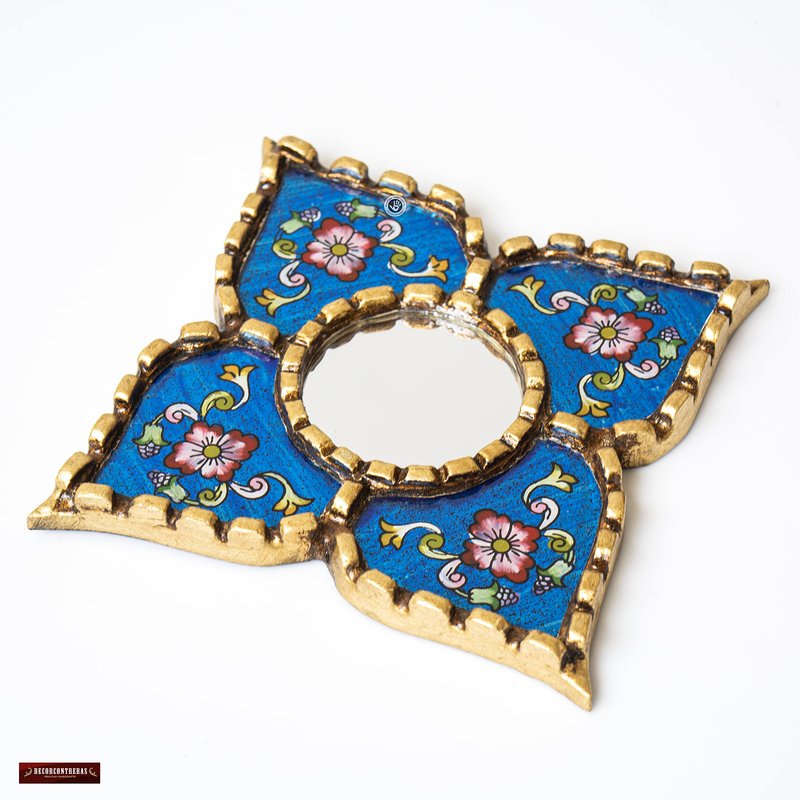 DecorContreras Peruvian Painted Glass Mirror with Bronze Leaf Framed - Handmade Diamond Mirror 6in for Gallery wall (Blue)