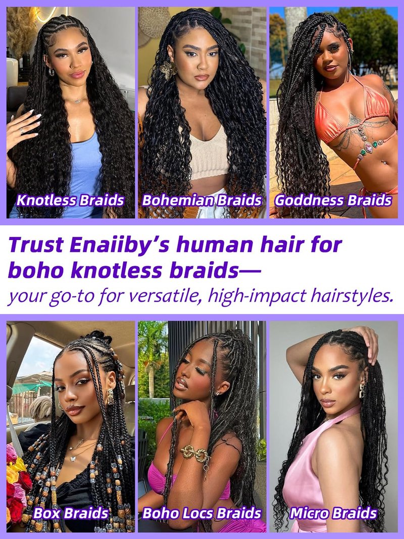 Enaiiby Boho Human Hair Braiding Hair 100g 18 Inch, Deep Wave Curly Human Hair Bundles for Boho Knotless Braids Bulk Hair, 12A No Weft 100% Unprocessed Brazilian Virgin Hair, Naural Black