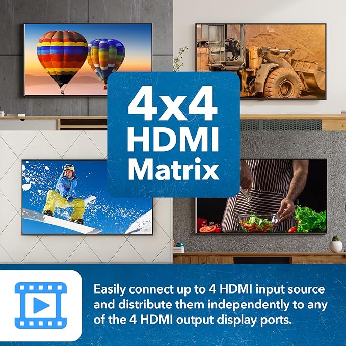 OREI 4K@60Hz 4×4 HDMI Matrix Switch with Downscaler & ARC, 18Gbps, HDCP 2.2, HDR, Audio Extraction (Optical & Analog), 4K-to-1080p Scaling, IR Remote (UHD-404R)