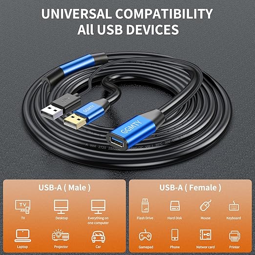 GGMTY USB 2.0 Type A Male to A Female Active Repeater Extension Cable 30ft, High Speed 480 Mbps