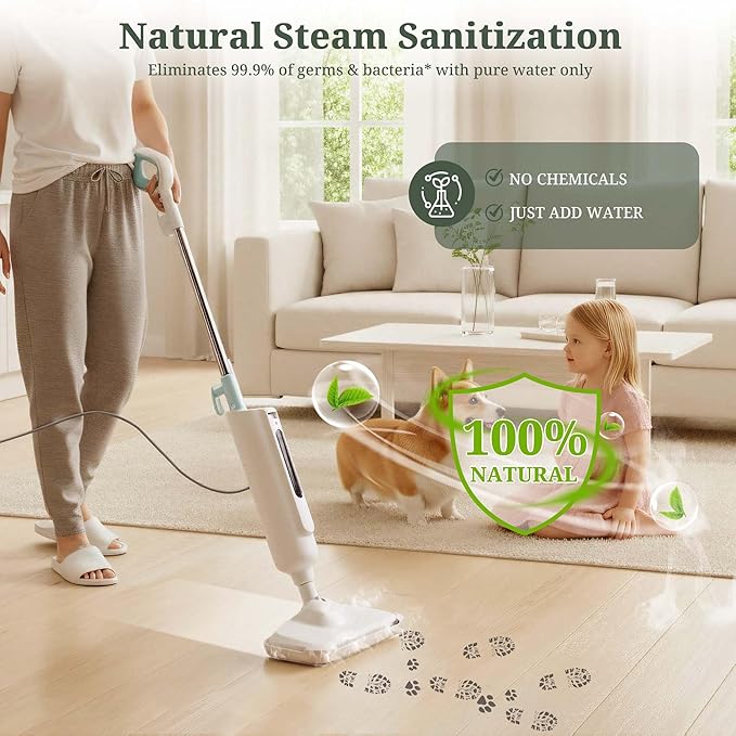 Steam Mop for Floor Cleaning, Lightweight Floor Steamer for Hardwood, Tile, Laminate & Carpet, Quick-Heat Steam Cleaner with Visible Water Tank and 2 Washable Pads, White and Green
