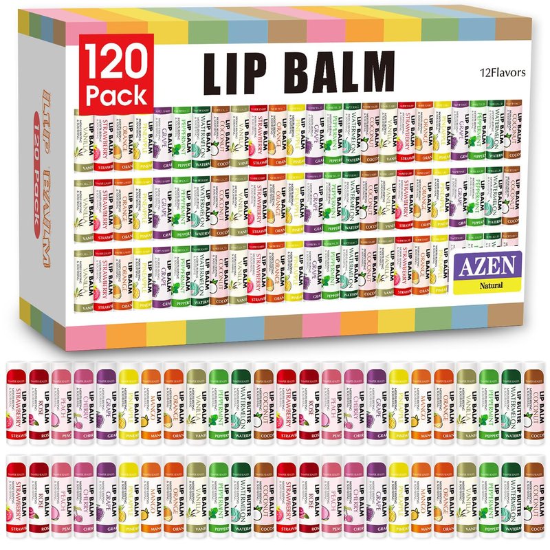 Azen Lip Balm Bulk - 120 Pack Moisturizing Lip Balms for Dry Cracked Lips | 12 Delicious Flavors