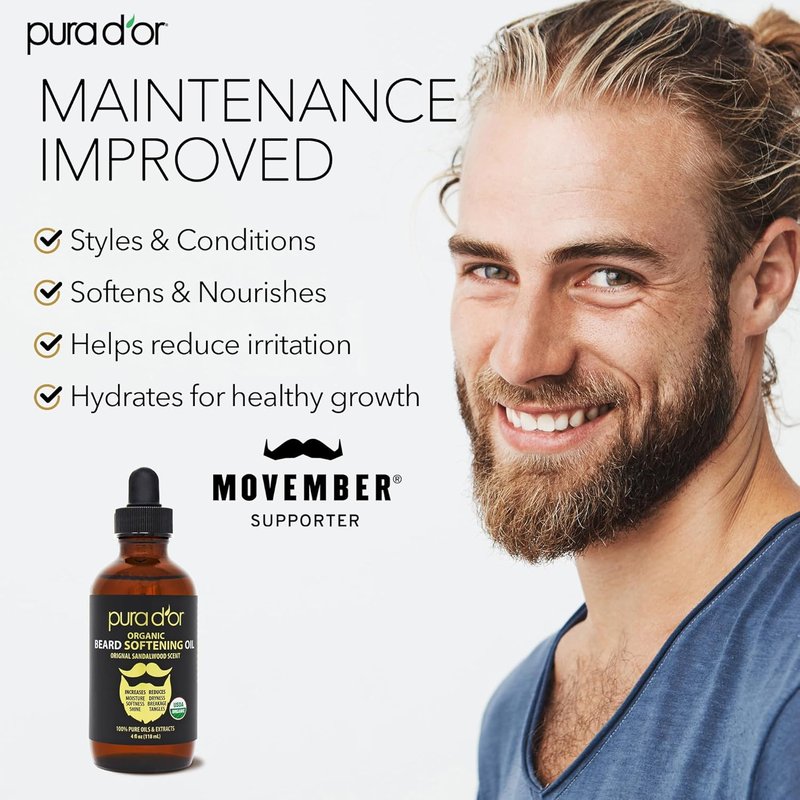 PURA D'OR Organic Beard Softening Oil - Sandalwood Scent | Argan & Jojoba Oil for Softness & Strength - 4 Oz