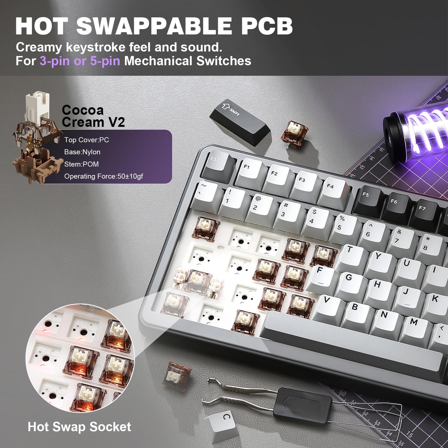 YUNZII B75 PRO Wireless Mechanical Keyboard,75% Layout with Knob,Hot Swap Gasket Custom Structure,Creamy Pre-lubed Switches,RGB Backlit,BT/Type-C/2.4G for Win/Mac(Cocoa Cream V2 Switch,Dark Grey)