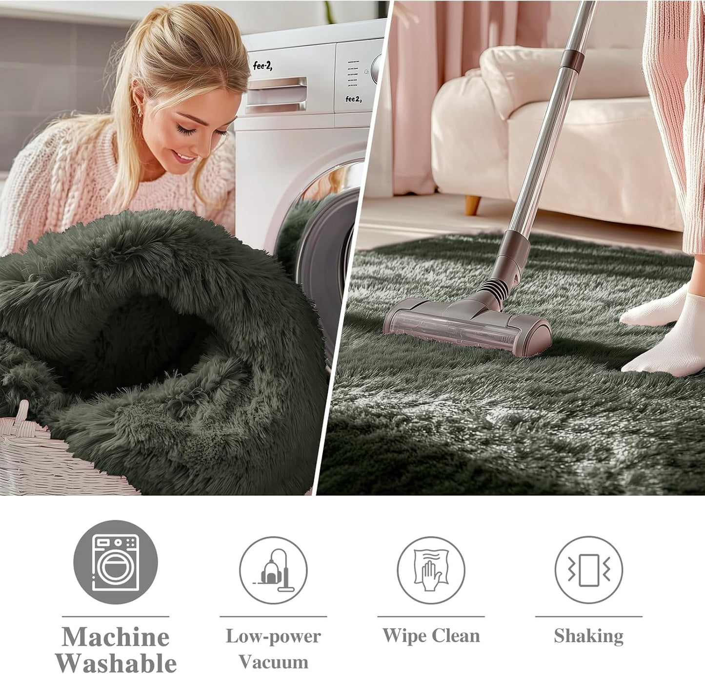 OLANLY Olive Green Round Rug - Soft, Fluffy Shaggy Carpet | 4 ft Machine Washable Area Rug for Bedroom & Living Room Decor