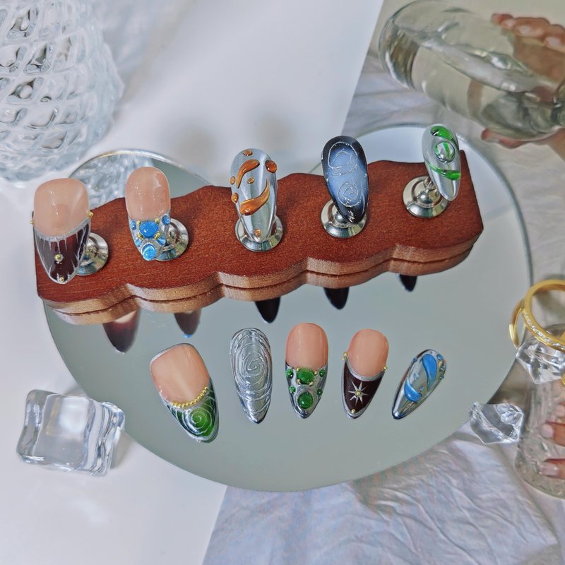 Almond Press on Nails Handmade Medium Long/Stiletto 3D Flower Fake Nail with Designs, Women Reusable False Nails (French Tip Silver, M)