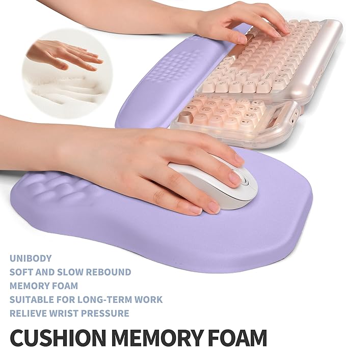 Gleamtide 2-in-1 Ergonomic Set, Wave Keyboard Wrist Rest and Massage Slope Mouse Pad Wrist Support, Rebound Memory Foam for Relieve Carpal Tunnel Syndrome and Wrist Pain (Lavender Purple)