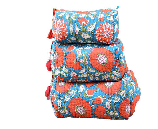 INDACORIFY 100% Cotton Block Print Cosmetic Toiletry Bags Boho Beauty Toiletry Kits Travel Case Pouch for Women's Printed Cotton Tote Bag (Pattern- 3)