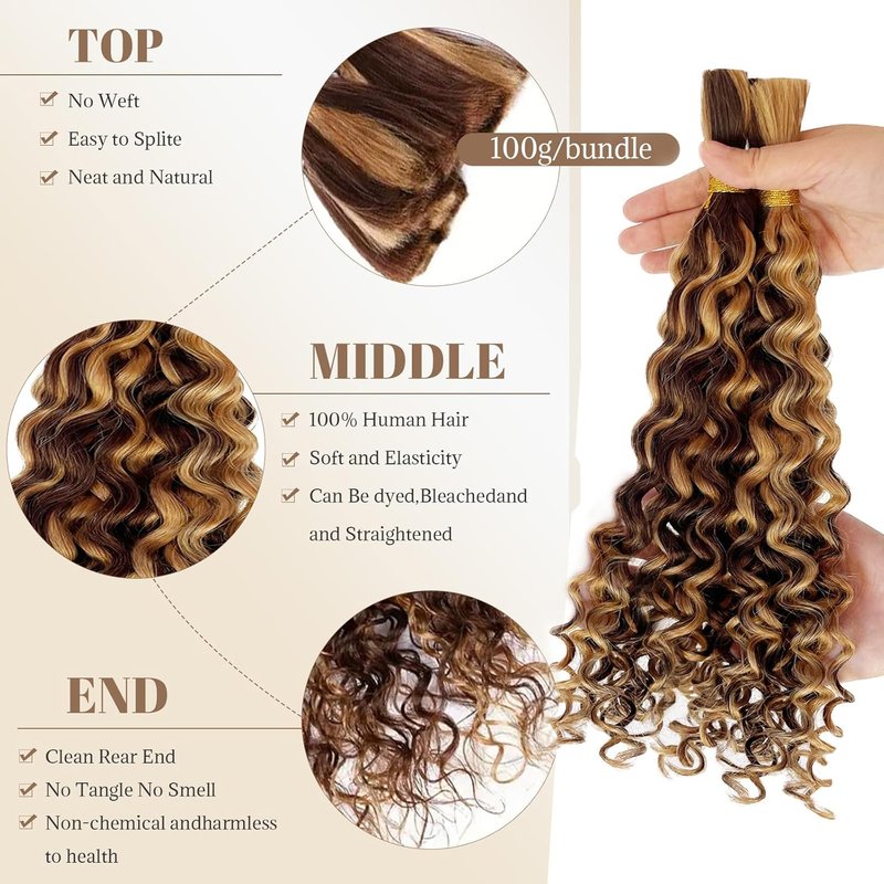 Human Braiding Hair - Ombre Blonde Curly Bulk 100G | 14 Inch Water Wave Braids, 2 Bundles