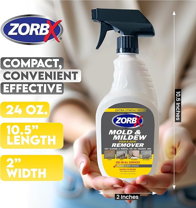 ZORBX Extra Strength Remover & Cleaner Spray 24 FL Oz â Scrub Free Formula - Bleach Free Stain & Smell Eliminator for Shower, Bathroom, Ceiling, Carpet, Cars, Walls & Wood