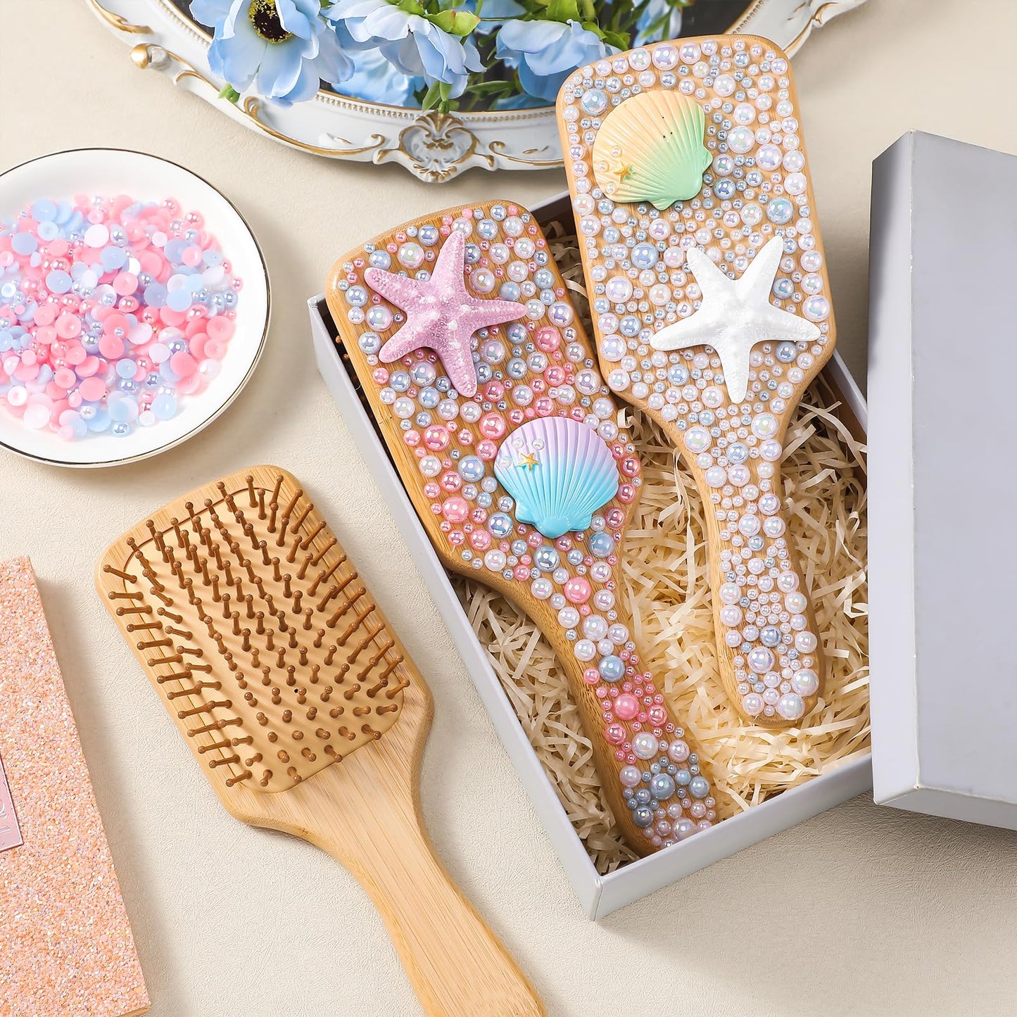 LemonRoad 3 Set DIY Wooden Hairbrush Craft Kit Decorate Your Own Hair Brush with Pearl Seashell Starfish Glue Hairbrush Gifts for Women Girls Birthday Bridal Baby Shower Wedding Mermaid Party Favor