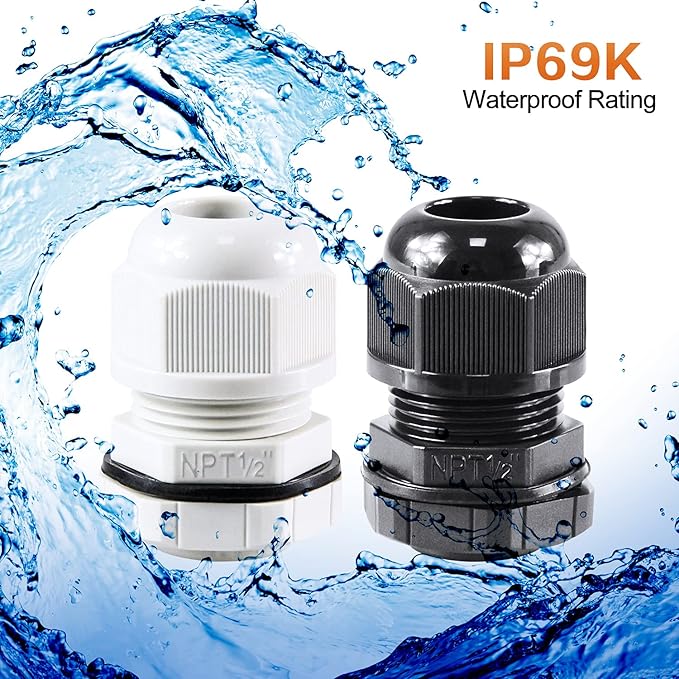 25 Pcs 1/2" IP68 Strain Relief Nylon Cord Grip NPT Cable Glands Adjustable UL Listed and RoHS Compliant (Black)