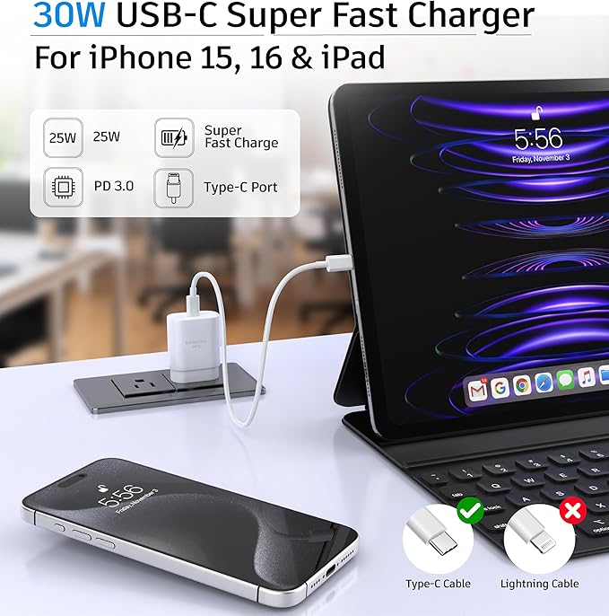 TT&C 2-Pack 30W USB C Charger Set (2X Mini Wall Blocks + 2X 10ft Extra Long Cables), Power PD 3.0 Fast Charging Compatible with iPhone 17, 17 Air, 16, 15, & for Samsung Galaxy S26, S25, White