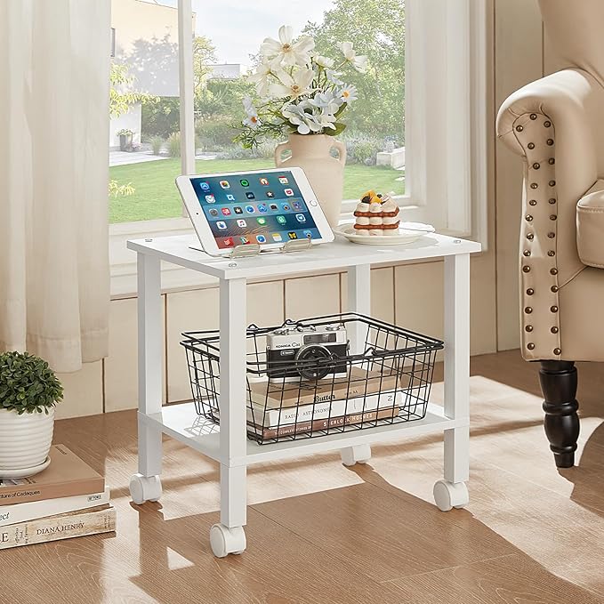 YUFAM 2 Tier Printer Stand with Storage,Under Desk Shelf Printer Table, Rolling Printer Cart for Office,Home,White