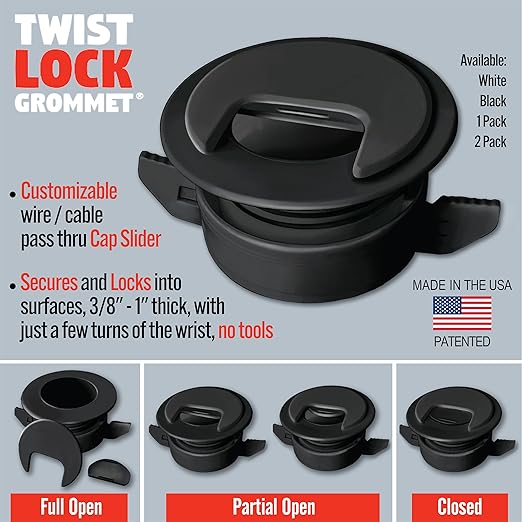 2PK Black Patented: Only Cable, Wire, Cord Management, Tool-Free Self-Securing/Locking Grommet with Cap Slider, for Walls, Ceilings, Desks - Used for All Surfaces 3/8" to 1" Thick, Made in USA
