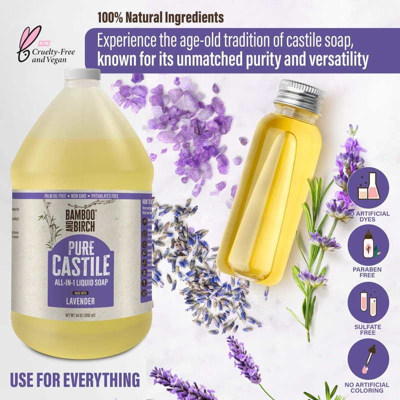 BAMBOO AND BIRCH Pure Castile Soap Liquid, Certified Palm Oil Free Natural Soap, Lavender, 1 Gallon