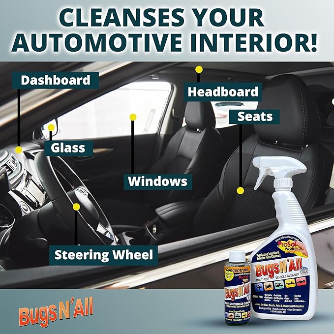 Bugs Nâ All Multipurpose Car Cleaner & Degreaser - Bug & Tar Remover Concentrate 4 oz - Exterior Cleaner Safe for Car Paint, Metal, Chrome, Aluminum, Windows & Mirrors - w/Free 32 oz Spray Bottle