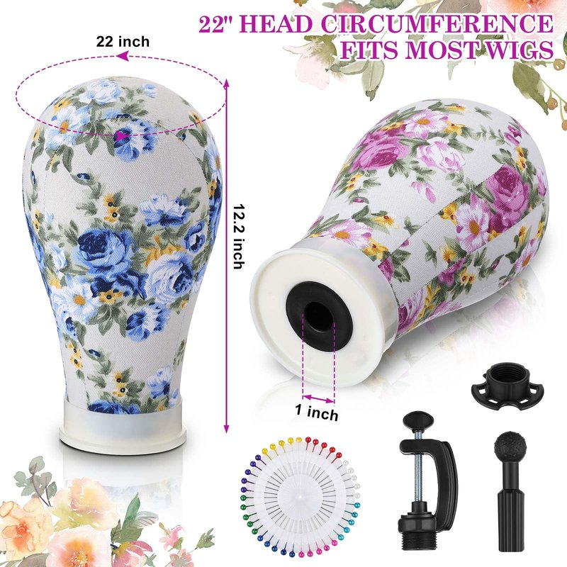 DoubleFill 2-Piece Mannequin Heads for Wigs - 22 Inch Canvas Wig Heads with Mount Hole Pins & 2 C Clamp Stand Holder for Lace Wig Making & Display (Floral)