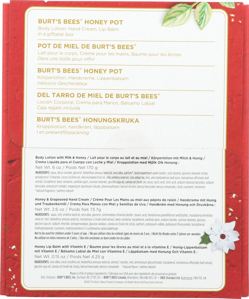 Burt's Bees Honey Pot Gift Set, 3 Honey Skin Care Products - Milk & Honey Body Lotion, Honey & Grapeseed Hand Cream and Honey Lip Balm