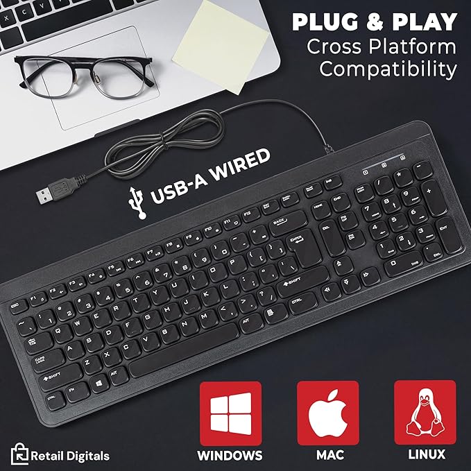 Retail Digitals Wired USB Keyboard | Full-Sized | Ergonomic | Soft Typing | QWERTY Layout | Black
