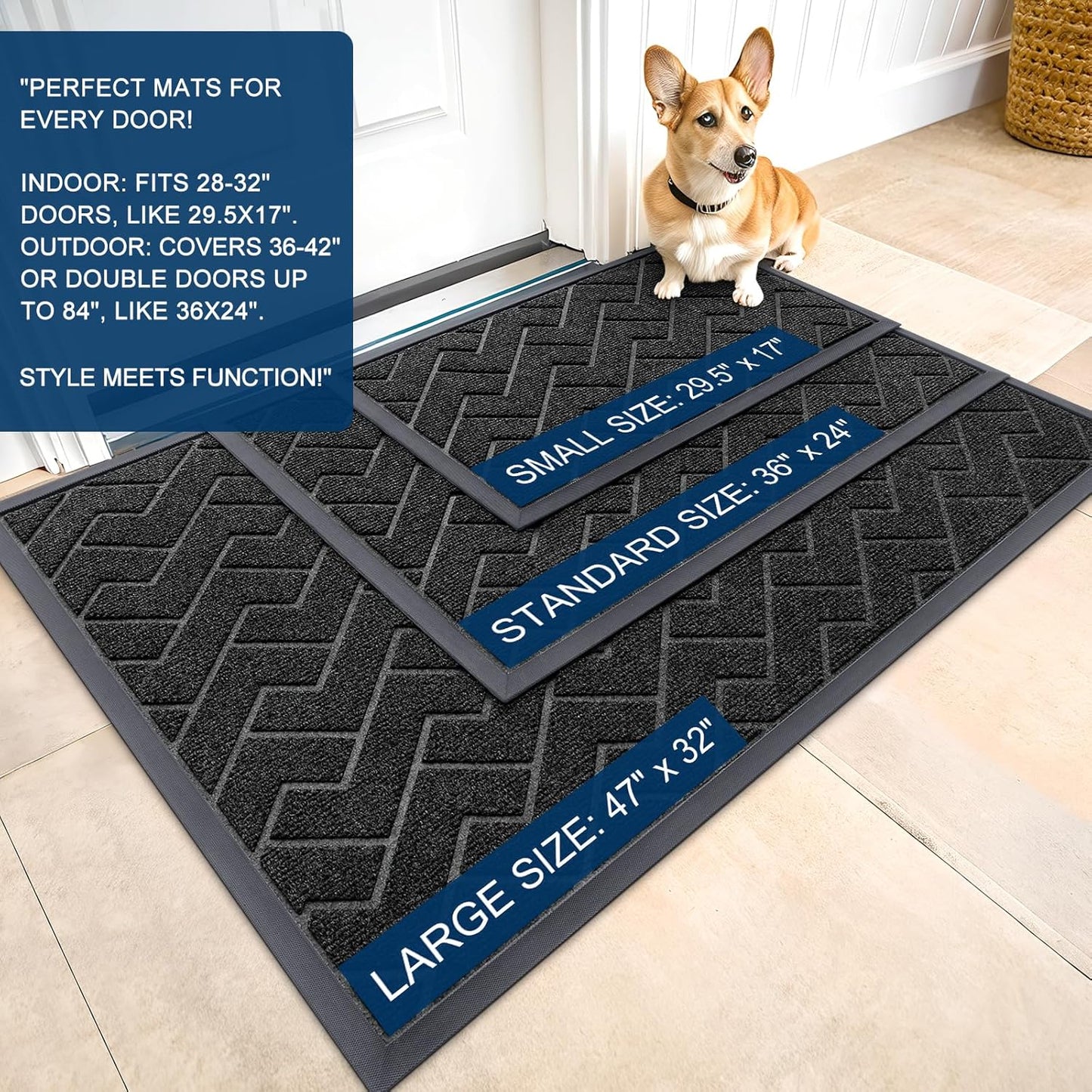 OLANLY Waterproof Front Door Mat - All-Season Indoor/Outdoor Herringbone Design | Easy Clean, Low Profile (Black, 47x32)