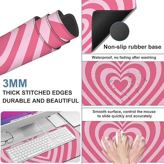 NITAHHHY Gaming Desk Pad Large Extra Length Retro Style Hearts Mouse Pad Keyboard Laptop Non-Slip Waterproof with Rubber Base Thick Stitched Edge Mouse Mat for Office Home 35.4 x 15.7 Inches