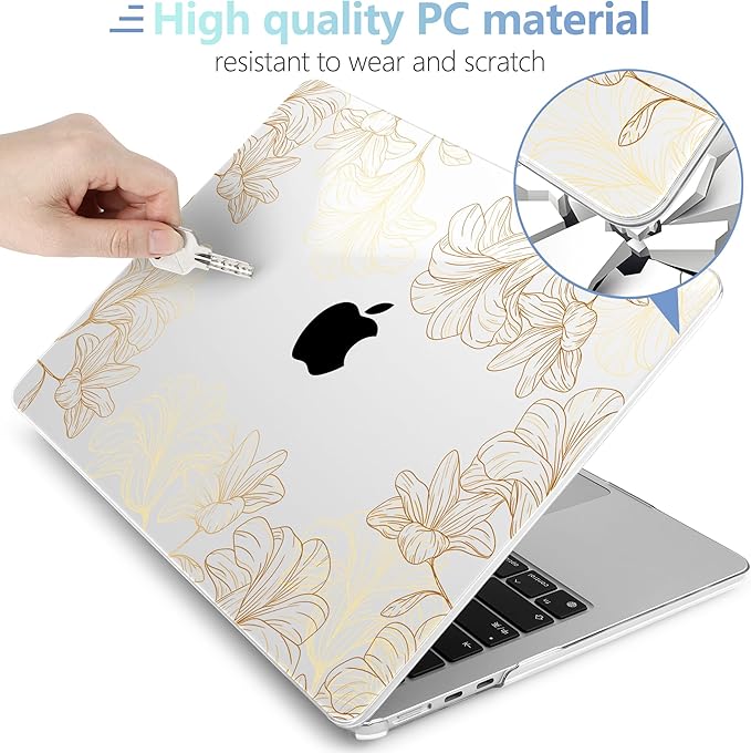 MEEgoodo Case for M5/M4/M3/M2 MacBook Air 13 inch 2026 2025 2024 2022, Fit Model A3449/A3240/A3113/A2681, Case Compatible with MacBook Air 13.6-inch, Drawn Golden Floral