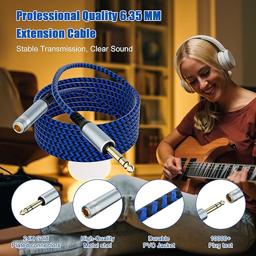 LDKCOK 1/4 Inch Extension Cable 6ft, 6.35mm TRS Male to Female Stereo Audio Adapter Cord, Nylon Braided Heavy Duty 1/4" Jack Extender for Headphones, Guitar, Amp, Mixing Console (Not for 3.5mm)