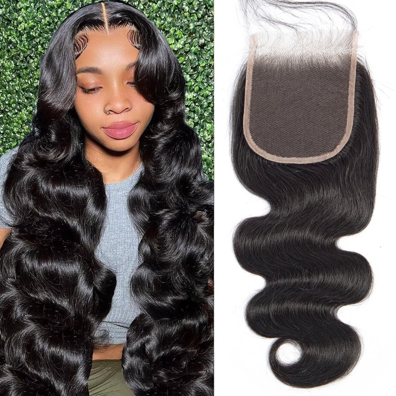 Body Wave Human Hair Closure 4x4 Lace Closure 20 Inch 12A Brazilian Virgin Hair Free Part Pre Plucked Skinlike Lace Closure Human Hair Natural Black Color (Black Body Wave Closure, 20)